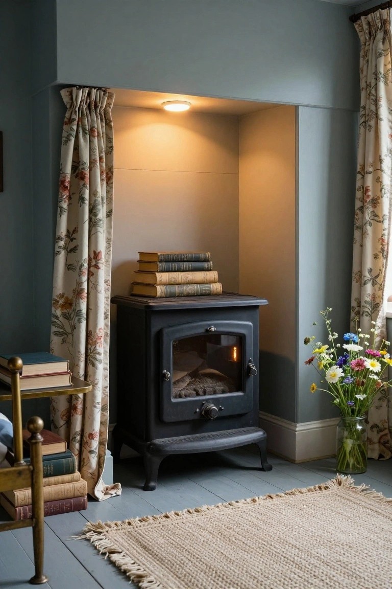 Close-up of a black cast iron stove in a wall recess, topped with stacked antique books and lit from above by a small round ceiling LED spotlight, with brass bookshelf holding more books, floral curtains, vase of wildflowers, and beige seagrass rug nearby.