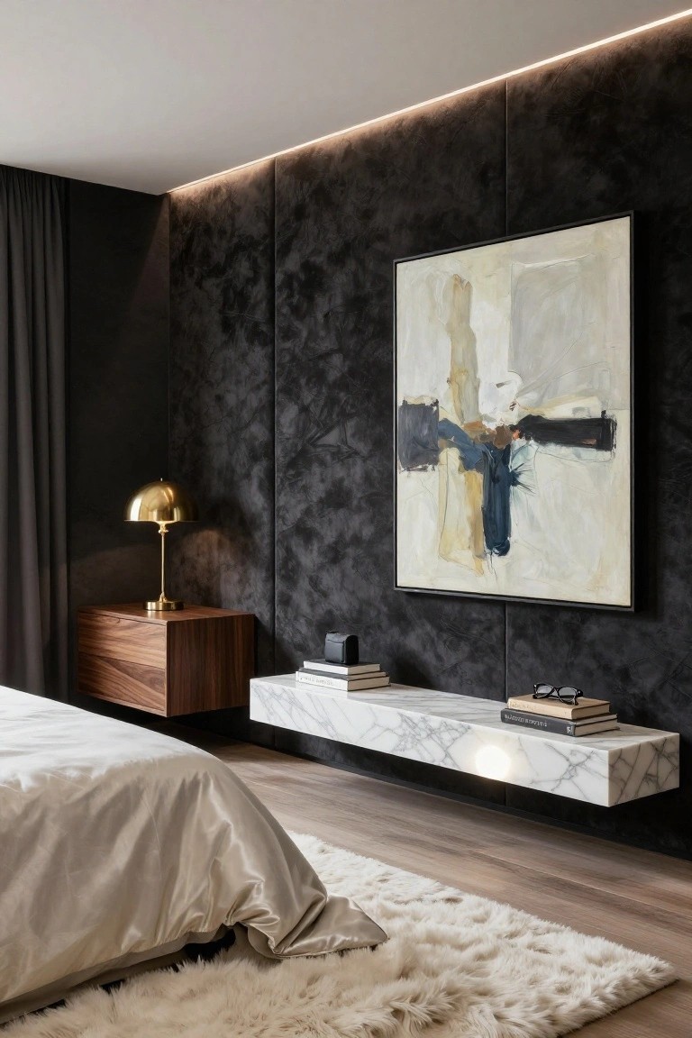 Modern bedroom with black textured accent wall edged by LED strip lights at the ceiling, large abstract painting, floating white marble shelf above books, walnut nightstand with gold lamp, and white bed on light wood floor with white fluffy rug.