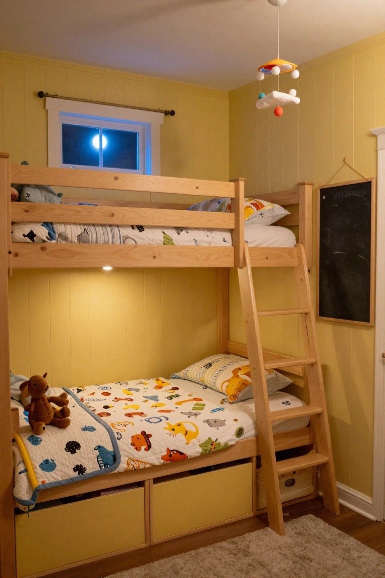 Yellow-walled children's bedroom at night with wooden bunk bed, lower bunk made with colorful animal quilt and teddy bear, upper bunk with bedding and pillows, small round LED light under upper bunk, airplane mobile overhead, chalkboard on wall, and full moon visible through window.