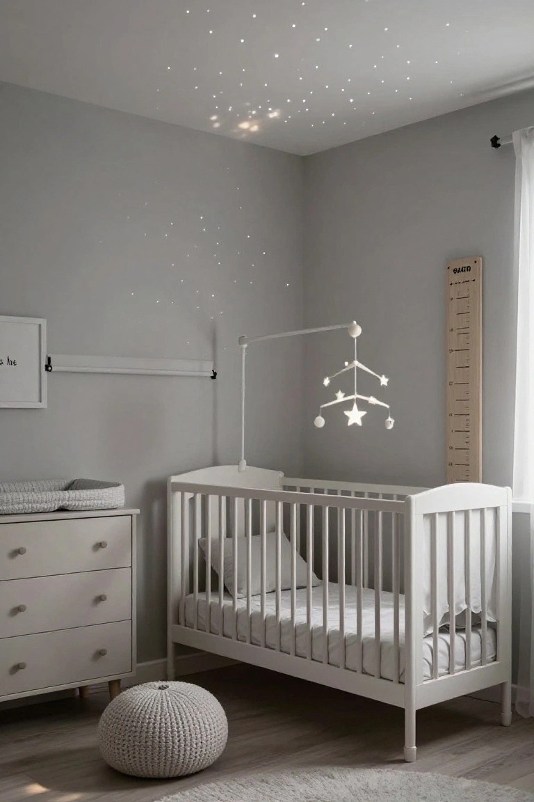 Gray nursery room featuring a white crib with attached star mobile projecting LED stars onto the ceiling, a changing table, height chart on wall, and pouf stool on wood floor.