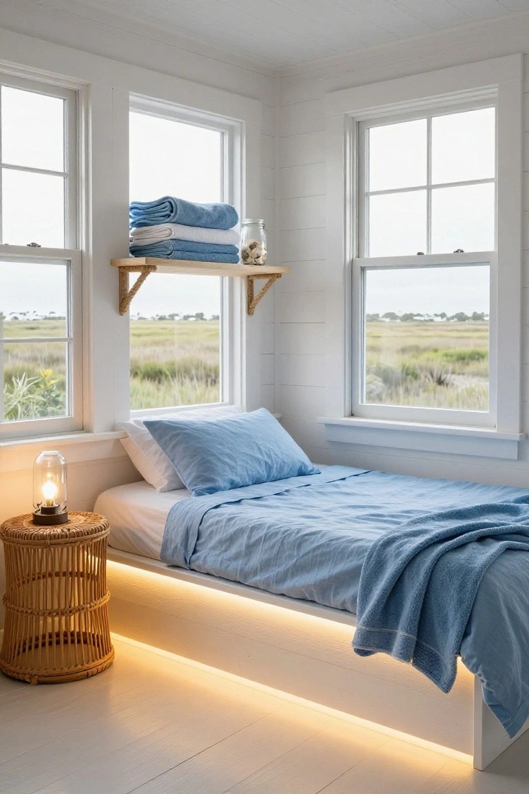 A corner bedroom with white shiplap walls, a low platform bed with blue linens and under-bed LED lighting, rattan side table with glass lamp, folded blue towels on a wall shelf, and large windows overlooking marshland.
