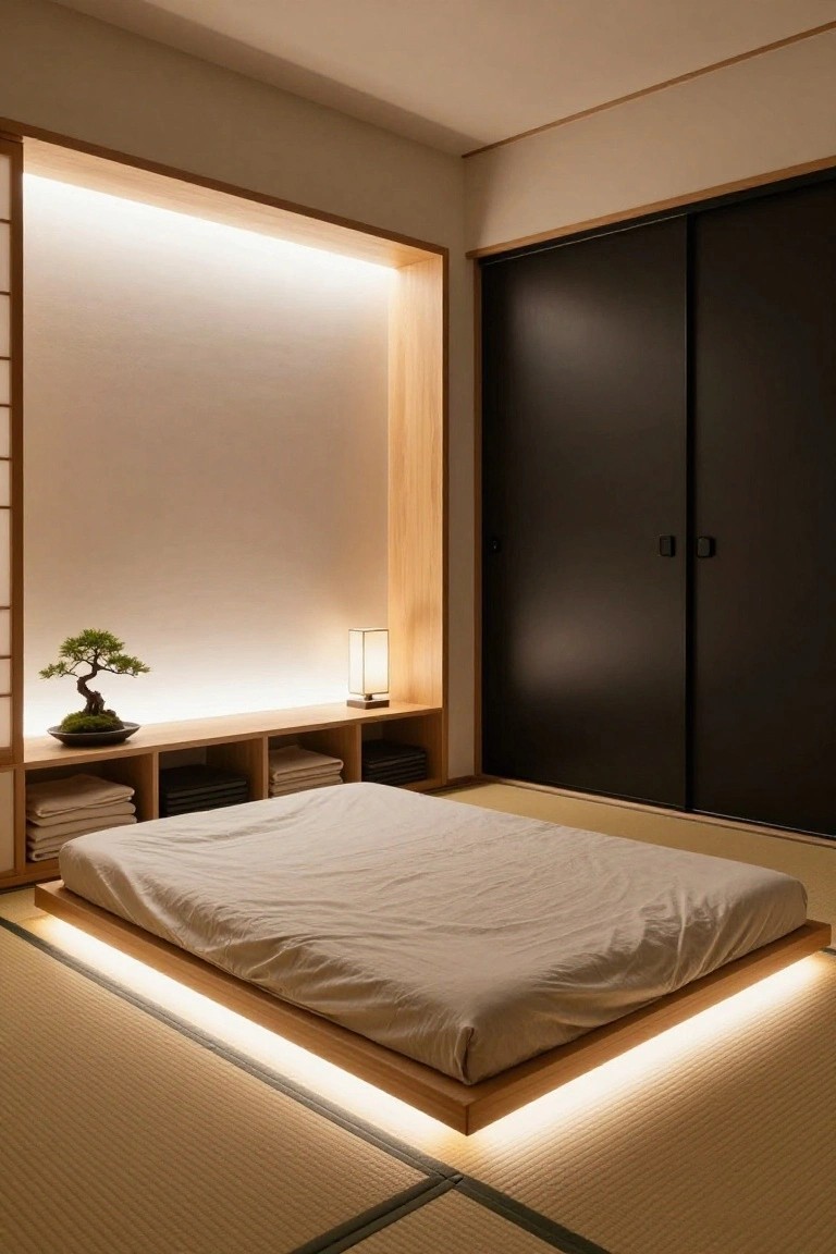 A minimalist bedroom with tatami flooring, a low wooden platform bed lit by LED strips underneath, a bonsai tree on a shelf, stacked linens, a lamp, and dark sliding doors.