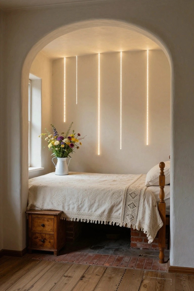 Small bedroom alcove with single bed on white linens, wooden bedframe and nightstand, white jug of wildflowers on floor, vertical LED light strips on white walls, arched doorway, and wooden plank floor.
