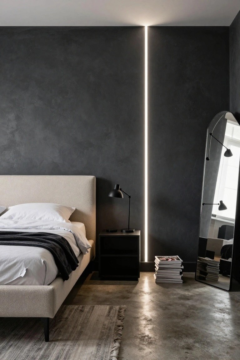 Bedroom with beige upholstered bed draped in white sheets and black throw, black nightstand with lamp, tall arched floor mirror, stacks of magazines on floor, vertical white LED strip on dark textured wall, and concrete floor with gray rug.