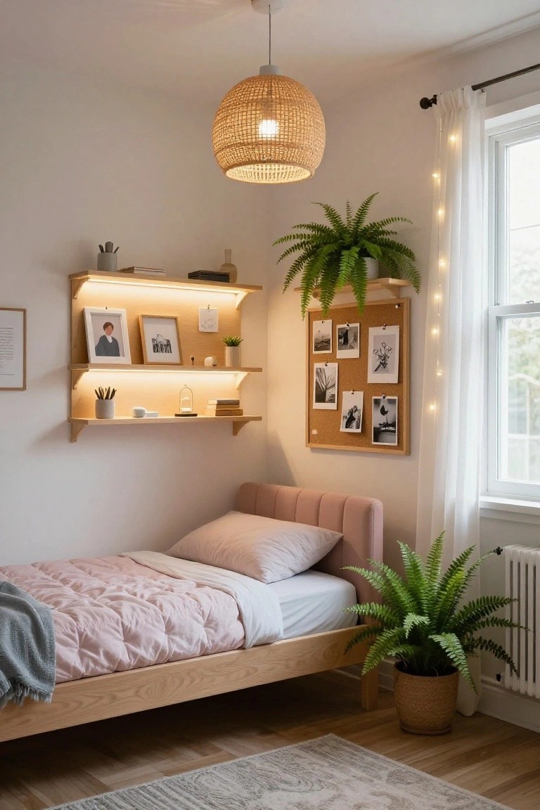 Bedroom corner with wooden floating shelves lit by under-shelf LED strips, pink upholstered bed, potted plants, corkboard with photos, string lights by window, and rattan pendant lamp.
