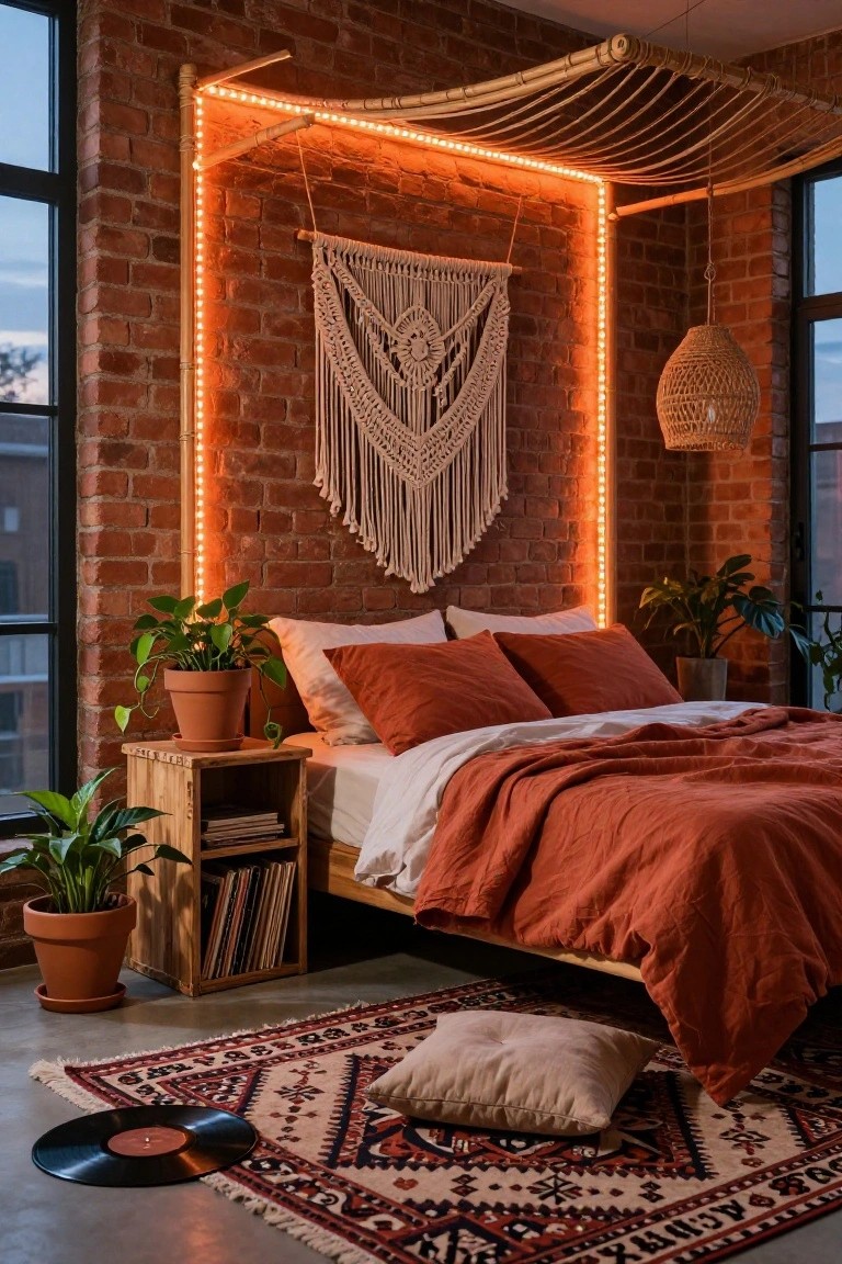 Bedroom with exposed brick walls, wooden platform bed draped in terracotta linens under a bamboo canopy edged in warm orange LED strip lights, potted plants on nightstand and floor.