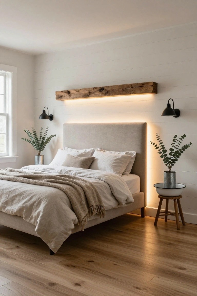 Bedroom interior featuring a beige upholstered bed with white linens, a floating wooden beam with LED underlighting above the headboard, black wall sconces, eucalyptus plants in metal buckets, and light wood floors against white shiplap walls.