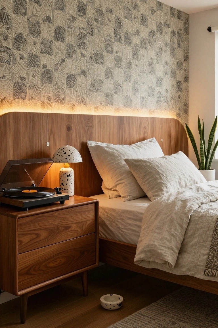 A bedroom featuring a curved wooden headboard with integrated LED strip lights, a wooden nightstand holding a black record player and a polka-dot lamp, white linens on the bed, a potted snake plant, and gray patterned wallpaper on the walls.