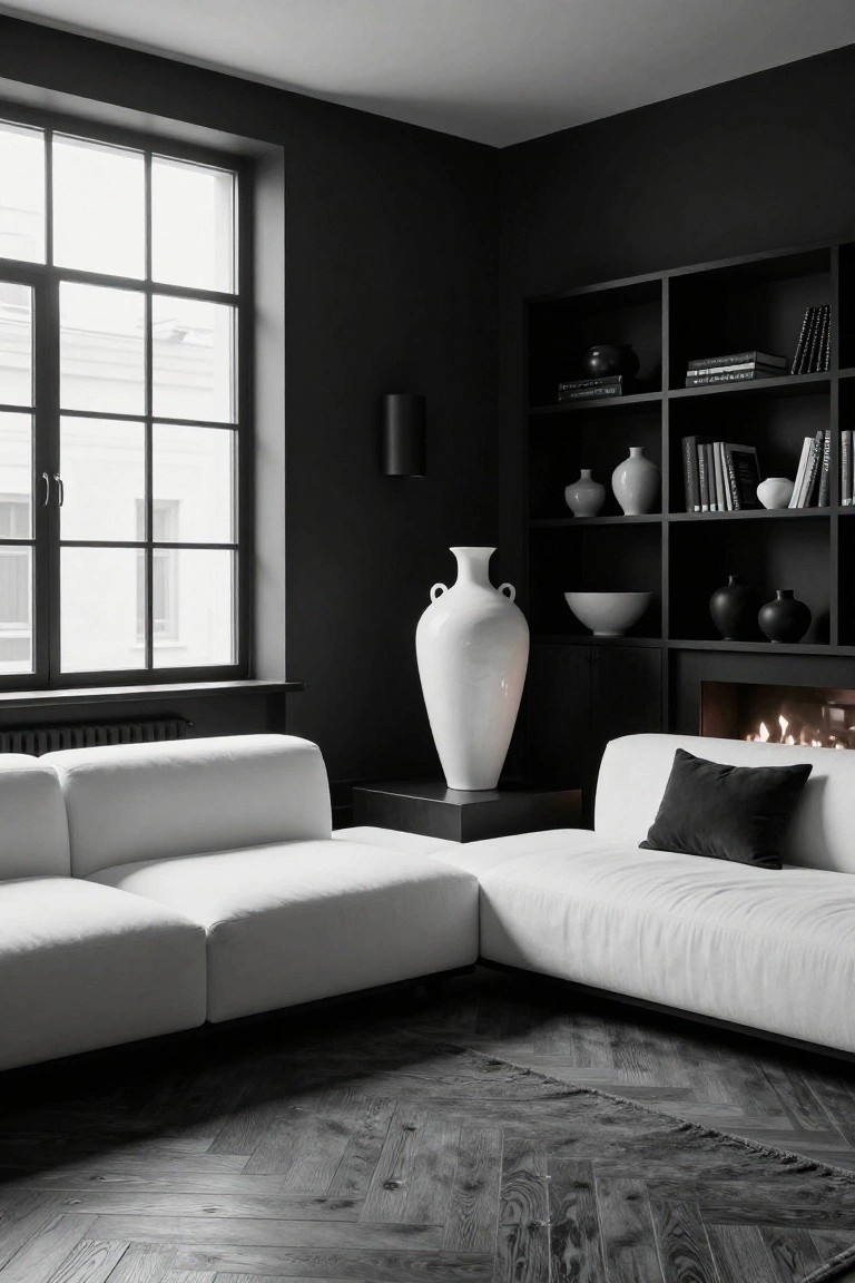Black-walled living room corner with white L-shaped sofa, tall white vase on black pedestal, built-in shelves holding ceramics and books, fireplace, and herringbone wood floor.