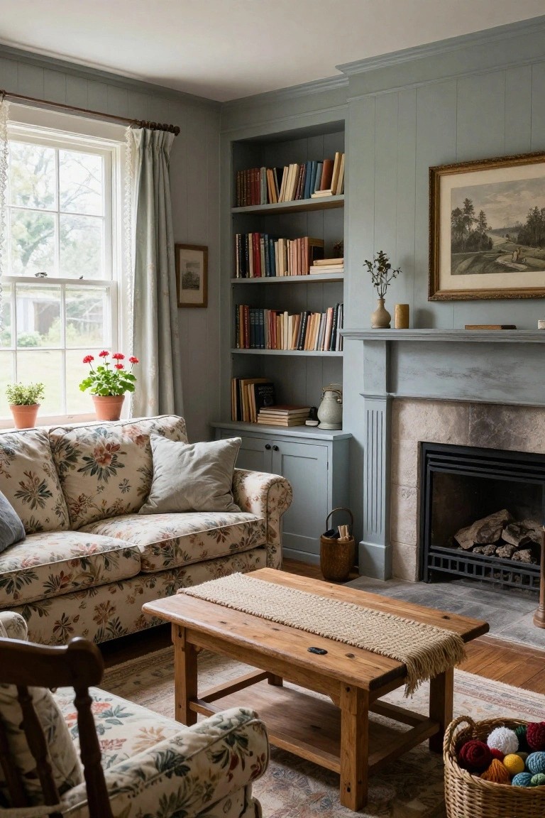 Living room with pale blue paneled walls, floor-to-ceiling built-in bookshelves flanking a stone fireplace with fire burning, floral sofa and armchair, wooden coffee table, and potted plants by the window.