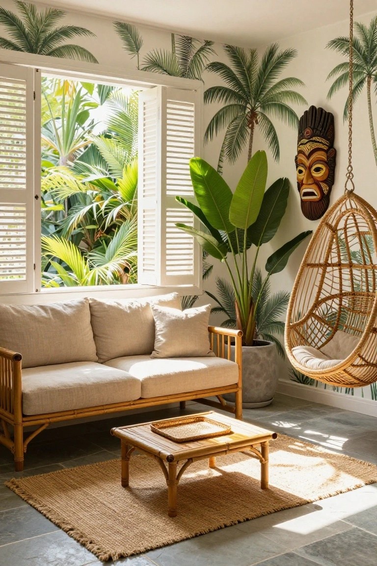 A sunlit living room with cream walls covered in green palm leaf wallpaper, a beige rattan sofa, matching coffee table, woven hanging egg chair, potted banana plant, and open white shutters revealing outdoor tropical greenery.