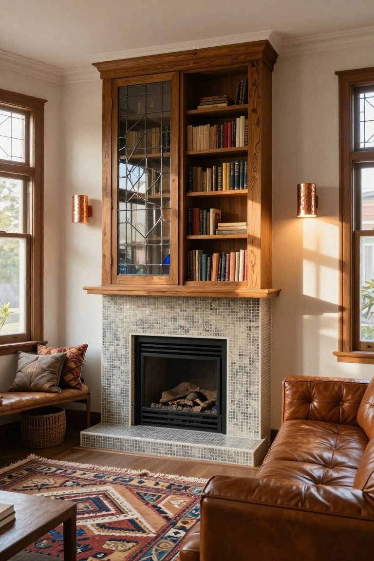 Living room corner with tall wooden bookcases flanking a gray mosaic-tiled fireplace, brown leather sofa with pillows, low bench, woven basket, coffee table, and patterned rug on wood floor.