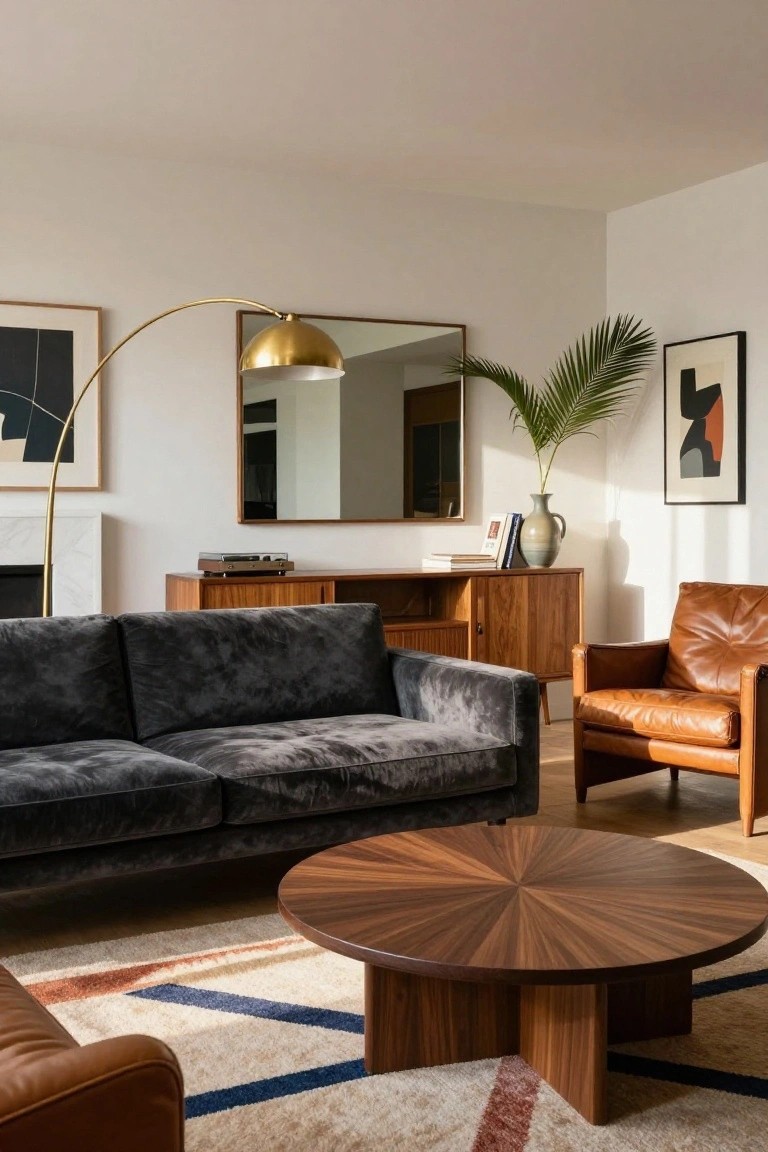 Modern living room featuring a gray velvet sofa, tan leather armchair, round walnut coffee table with sunburst veneer, wood credenza with turntable, potted palm, abstract art, and marble fireplace.