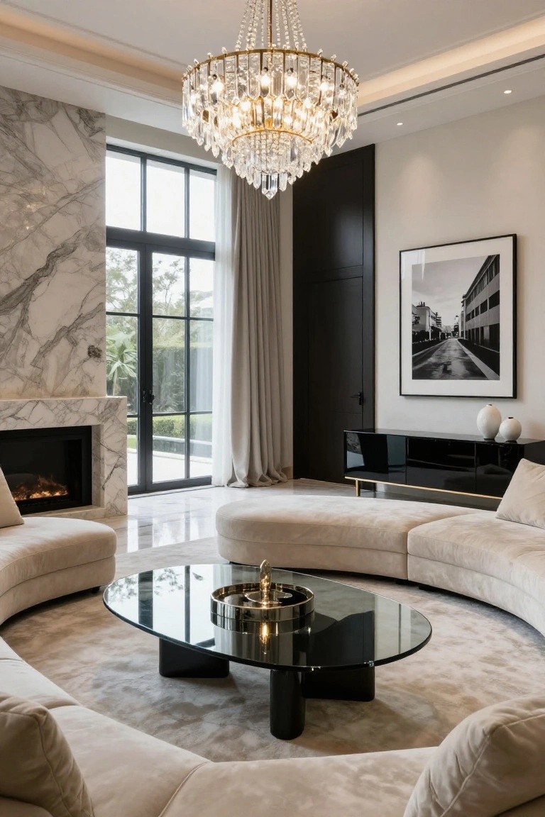 Modern living room with large curved beige sofa around black glass coffee table, marble wall and fireplace, crystal chandelier overhead, black lacquered sideboard, and large windows with garden view.