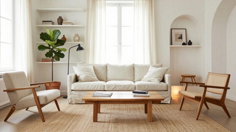 A bright living room with a white linen slipcovered sofa, low wooden coffee table holding a bowl and plate, rattan armchair, tall fiddle leaf fig plant, arched white shelving unit with books and pottery, and sheer curtains on a large window.