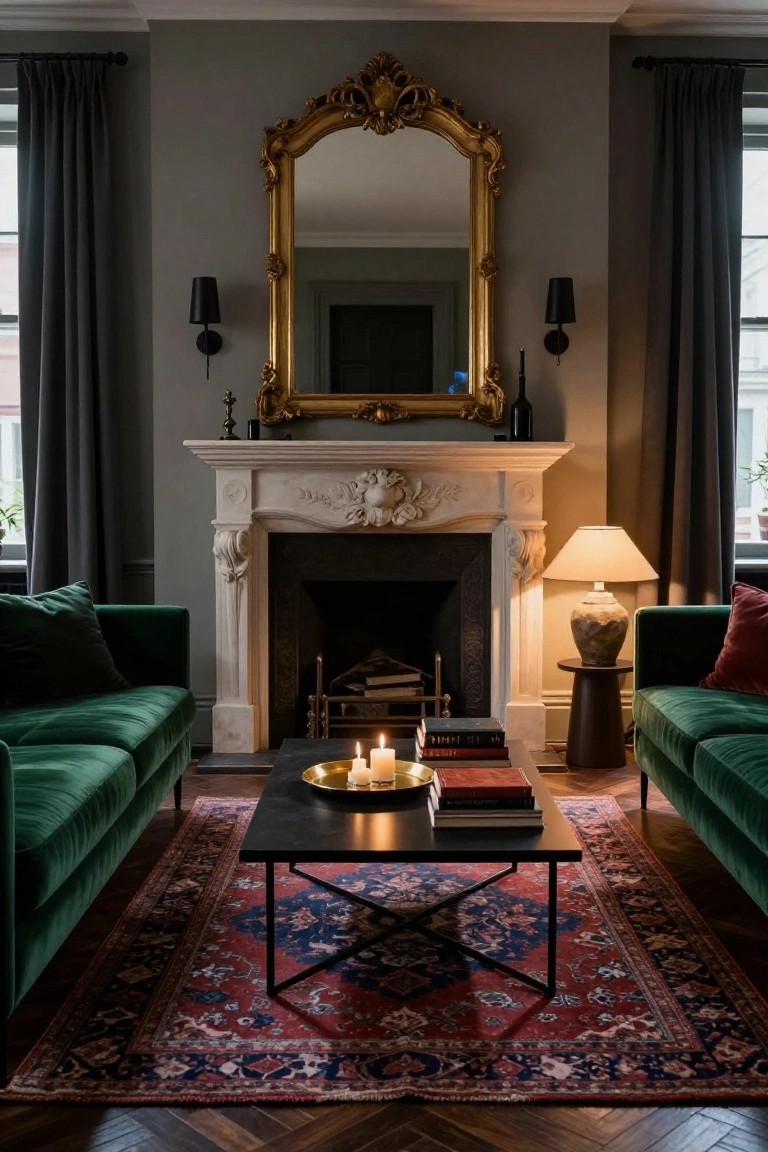 Living room featuring two facing emerald green velvet sofas, white marble fireplace with carved details, large gold-framed mirror on gray wall, black metal coffee table holding candles and books, and red Persian rug on herringbone wood floors.