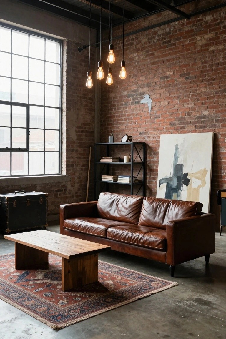Industrial living room with exposed red brick walls, large metal-framed windows, tan leather sofa, low rustic wood coffee table, Persian rug on concrete floor, black metal shelving, and pendant bulb lights.
