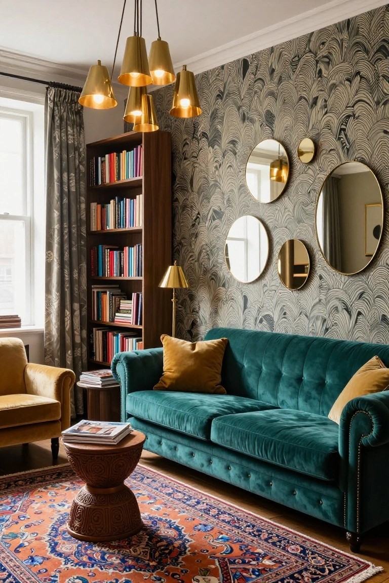 A living room interior with tufted emerald green velvet sofa and mustard pillows, yellow velvet armchair, wooden bookshelves with colorful books, gold pendant lights, multiple round gold-framed mirrors on gray feathery patterned wallpaper, brass table lamp, carved wood stool with magazines, and orange Persian-style rug.