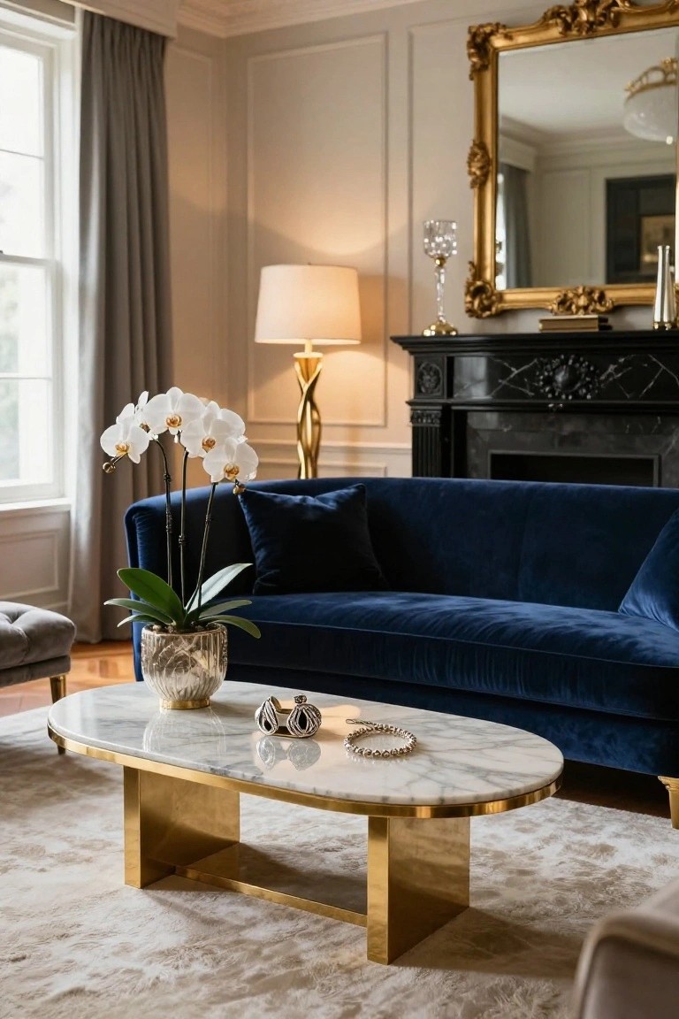 A living room with a navy blue velvet sofa, oval white marble coffee table on gold base, potted white orchids, brass floor lamp, gold-framed mirror, and black fireplace.