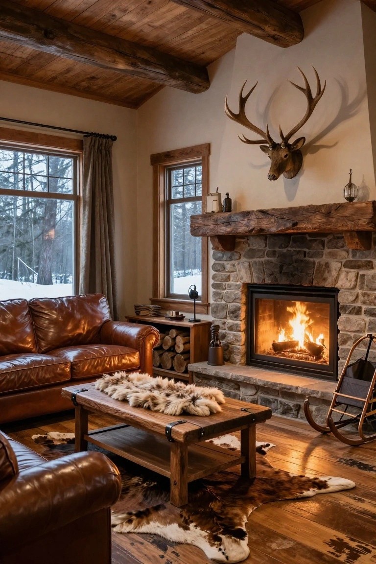 Rustic living room interior with wooden beams, large stone fireplace with fire burning, brown leather sofa, antler mount on wall, wood coffee table with fur throw, cowhide rug, and windows showing snowy forest outside.