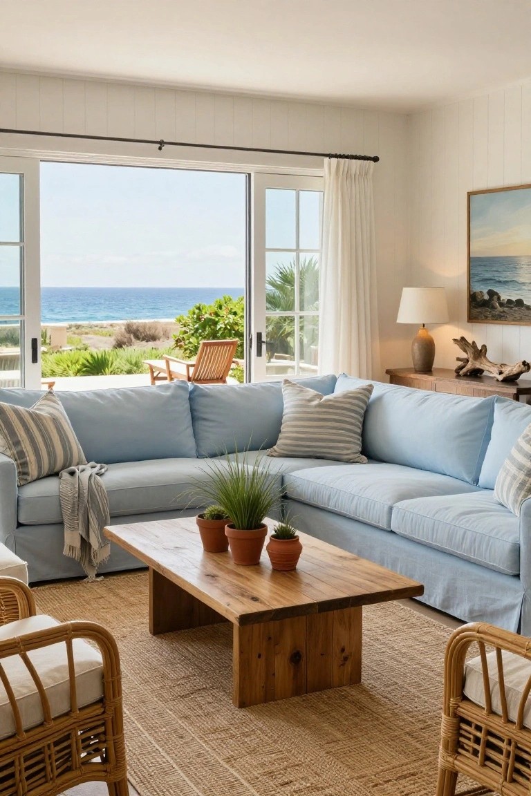 Light blue slipcovered L-shaped sofa in a white paneled living room with open sliding doors to ocean view, wooden coffee table, rattan armchairs, potted plants, and seagrass rug.