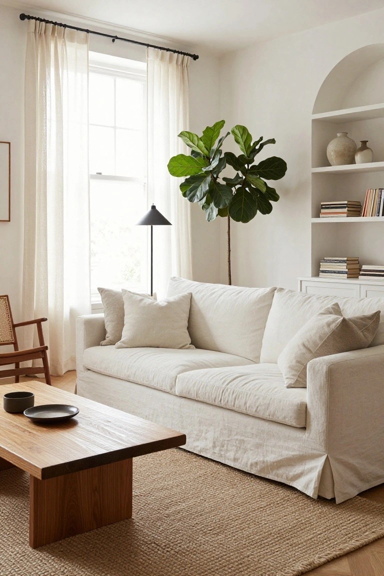 A bright living room with a white linen slipcovered sofa, low wooden coffee table holding a bowl and plate, rattan armchair, tall fiddle leaf fig plant, arched white shelving unit with books and pottery, and sheer curtains on a large window.