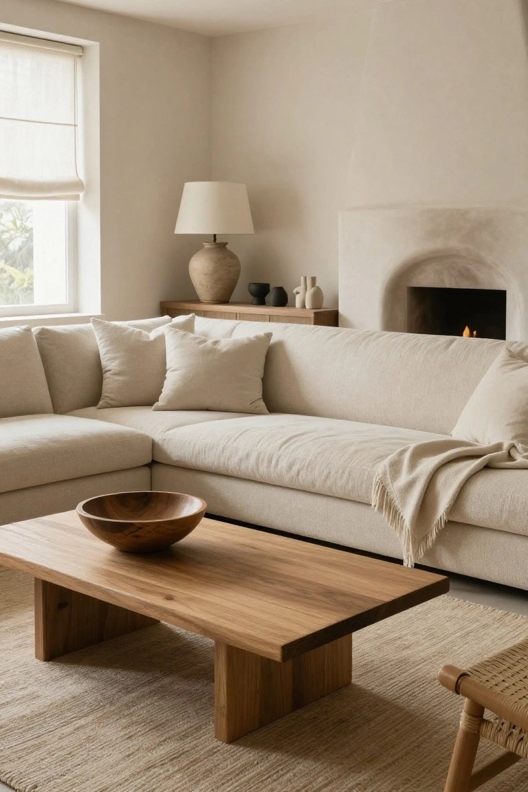 A beige-toned living room with a large L-shaped cream sofa, low wooden coffee table holding a wooden bowl, beige rug, arched stone fireplace with fire lit, wooden sideboard with lamp and ceramic vases, and rattan chair in the corner.