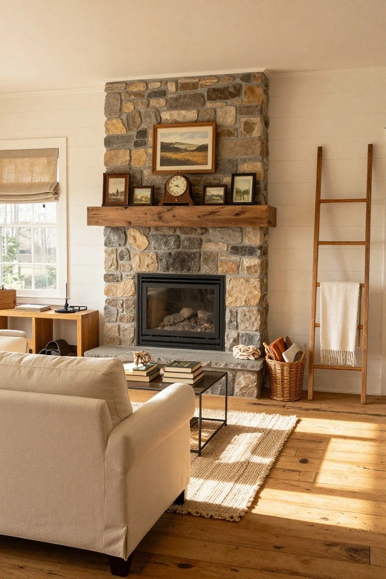 Living room with central stone fireplace on wooden mantel holding small framed art and clock, cream sofa facing coffee table, wooden ladder rack with white blanket, wood floors, and windows with natural light.