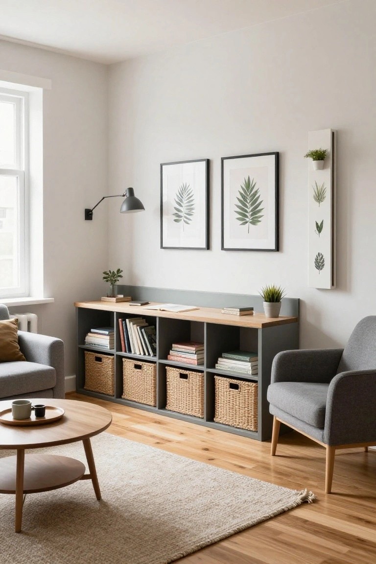A modern living room corner with a tall grey shelving unit holding books on upper shelves and woven baskets on lower shelves, topped by a wooden surface with notebooks and a plant, next to a grey sofa, armchair, coffee table, and wall art with leaf prints.