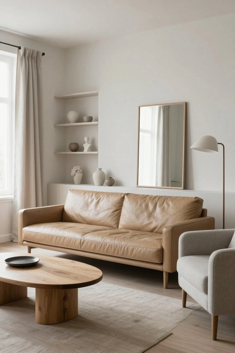 A minimalist living room with tan leather L-shaped sofa, oval oak coffee table with black plate, light gray armchair, wall shelves holding white ceramic vases and sculptures, tall mirror, floor lamp, and beige curtains beside a window on light wood floors.