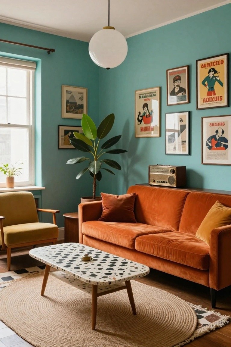 Living room featuring turquoise walls, burnt orange velvet sofa, yellow armchair, terrazzo coffee table, vintage posters, large potted plant, and retro radio.