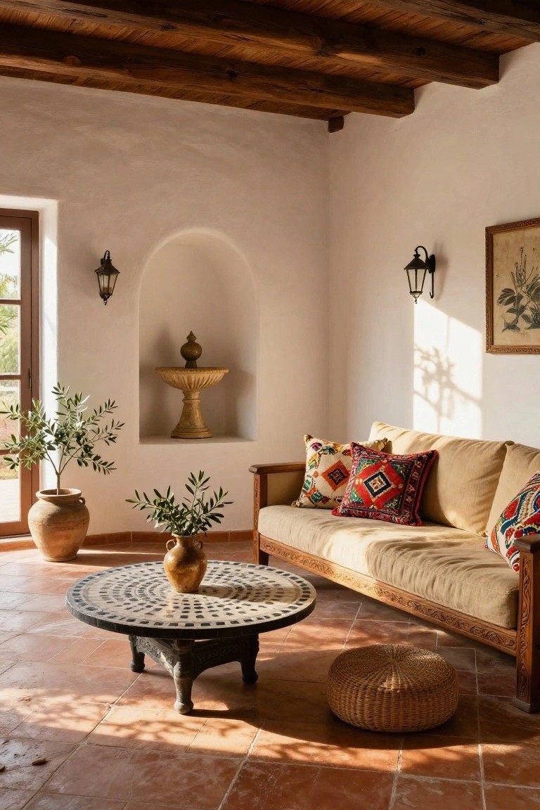 Sunlit living room with terracotta tile floor, white stucco walls, exposed wooden ceiling beams, arched niche containing a stone basin and vase, low wooden sofa with beige cushions and colorful patterned pillows, central low mosaic table, potted olive plants, and woven pouf stool.