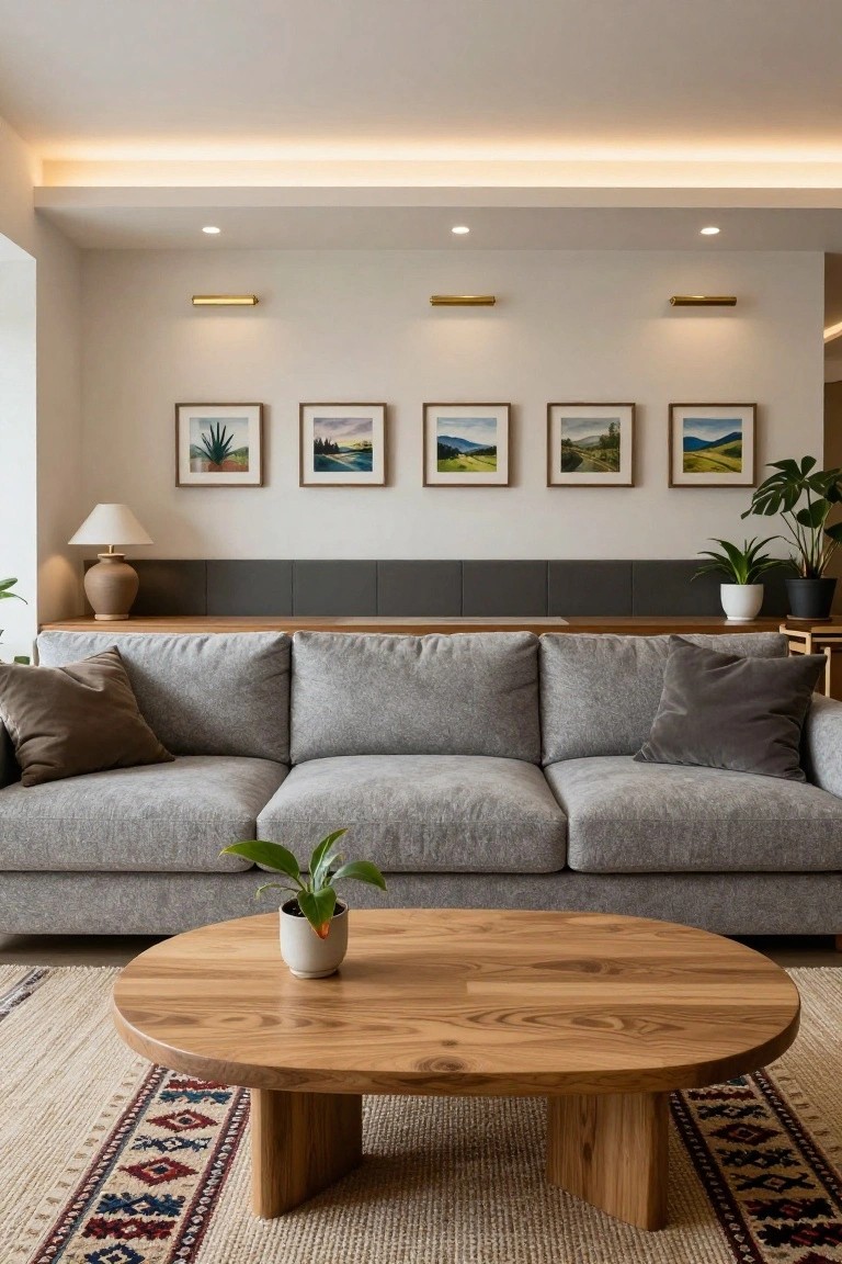 Modern living room with gray sofa on a low wood credenza backdrop, round oak coffee table with plants on a patterned rug, framed landscape artwork on walls, potted plants, and recessed ceiling lights.