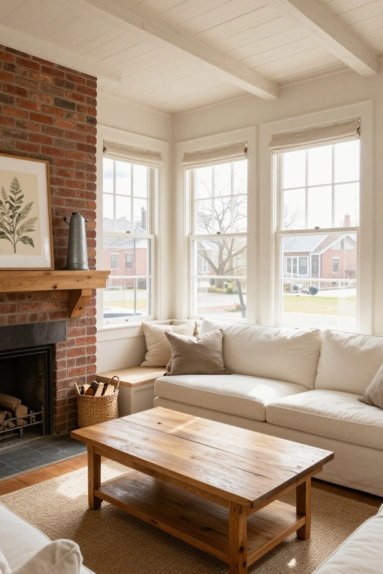 Living room corner with exposed red brick wall and fireplace, white slipcovered sofa, wooden coffee table on beige rug, wooden beams on white ceiling, and three large multi-pane windows with linen shades.