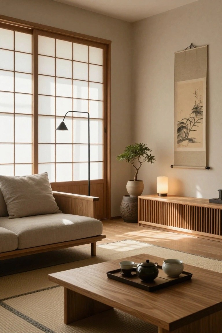 A minimalist Japanese-style living room with shoji sliding doors, beige sofa, low wooden coffee table set with teaware, wooden credenza, potted tree, floor lamp, and hanging ink scroll on beige walls.