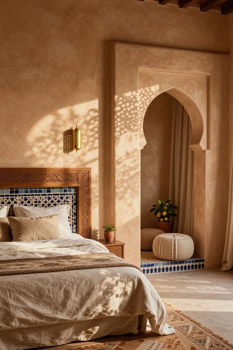 A sunlit bedroom with beige textured walls, a carved wooden headboard inset with blue mosaic tiles, a bed dressed in white linens and tan throw, and an open arched doorway leading to pouf seating and potted plants on blue tiled flooring.