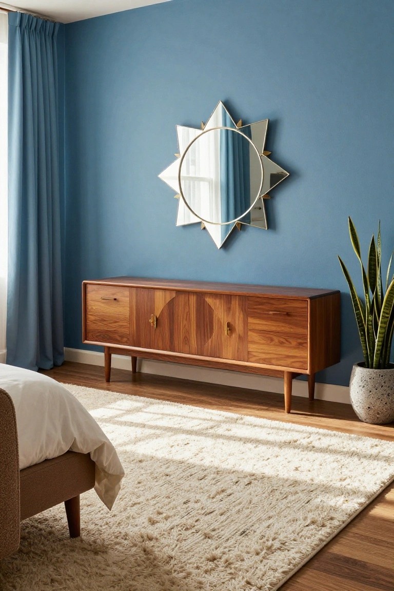 Blue bedroom corner with wooden credenza featuring curved doors and gold hardware, starburst mirror on wall, potted snake plant, white bed on fluffy rug, and hardwood floor.