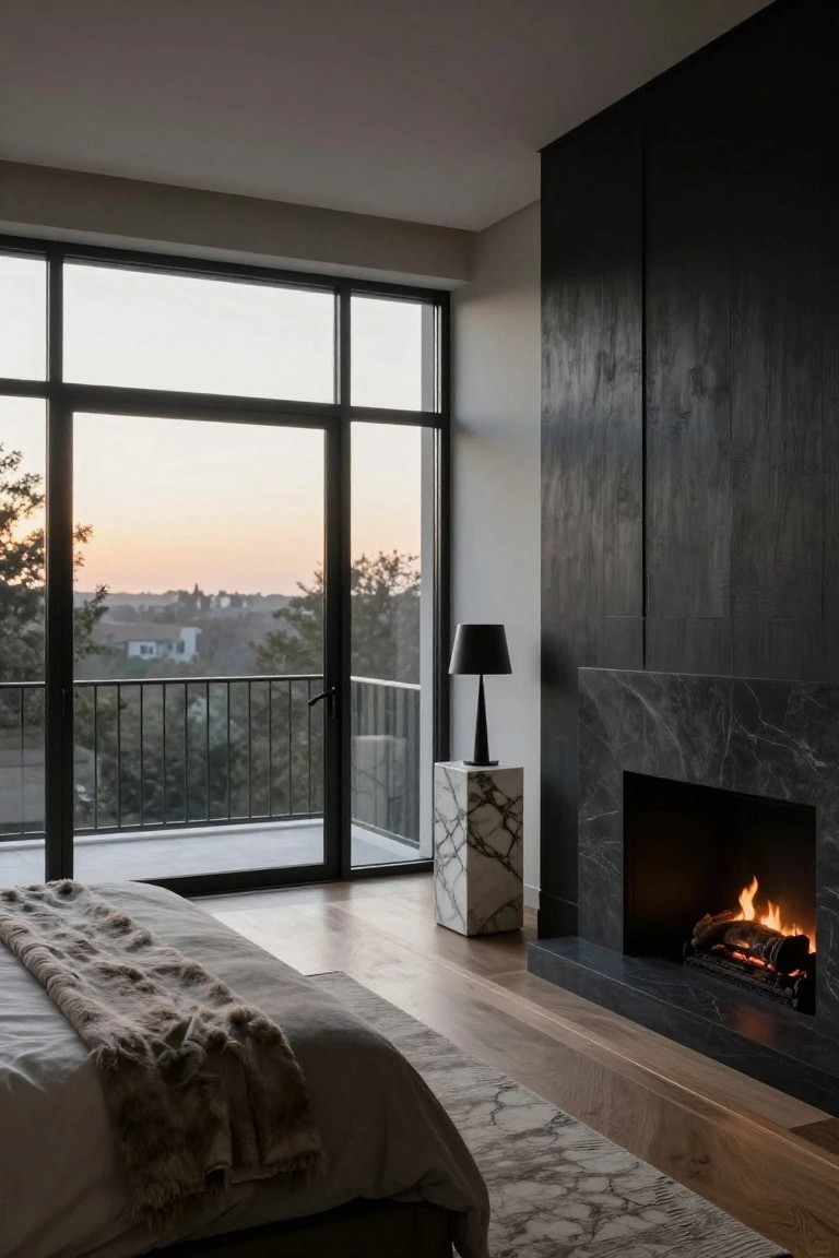 Modern bedroom with dark wood paneled wall, lit marble fireplace, white veined pedestal table with black lamp, large bed draped in neutral sheets and fur throw, and floor-to-ceiling glass doors to balcony overlooking trees and distant rooftops at sunset.