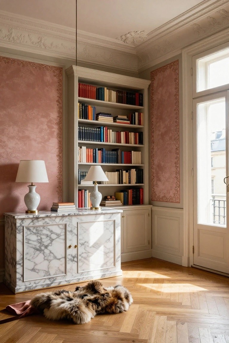 Tall white wooden bookcases in a room corner filled with colorful books, a white marble credenza with two ceramic lamps in front, blush pink textured walls, a fur rug on herringbone parquet floor, and white French doors to a balcony.