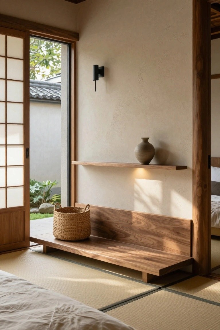 Japanese-style wooden bench with woven basket, floating shelf, and shoji door.