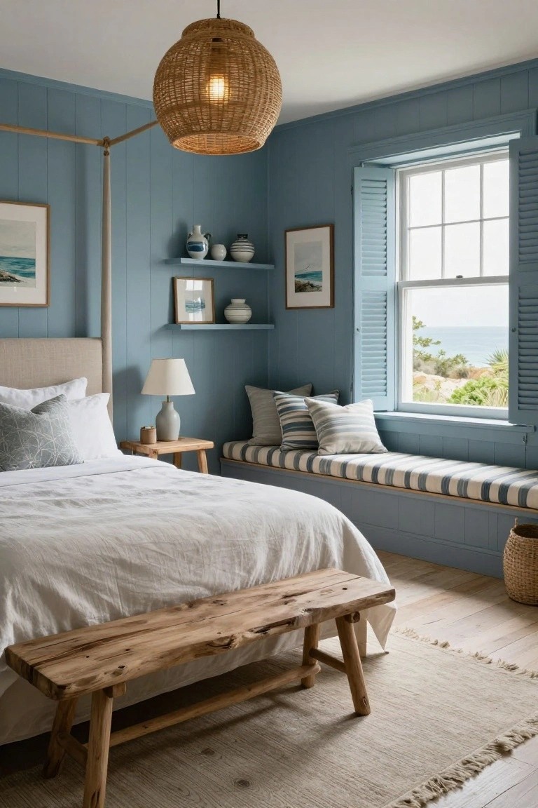 Bedroom with light blue shiplap paneled walls, white bed with patterned pillows, wooden bench at foot, built-in window seat with striped cushions, rattan pendant light, and ocean view through open shutters.