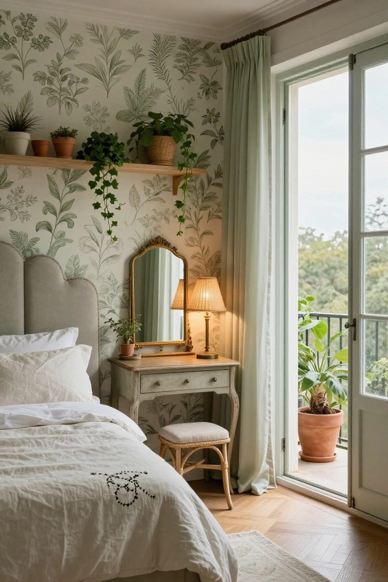 Bedroom with pale green botanical print wallpaper on walls, tufted gray headboard and white linen bedding on bed, antique-style vanity with gold mirror and lamp, potted plants on wooden shelves, rattan stool, and open green French doors to balcony with potted plants and trees outside.