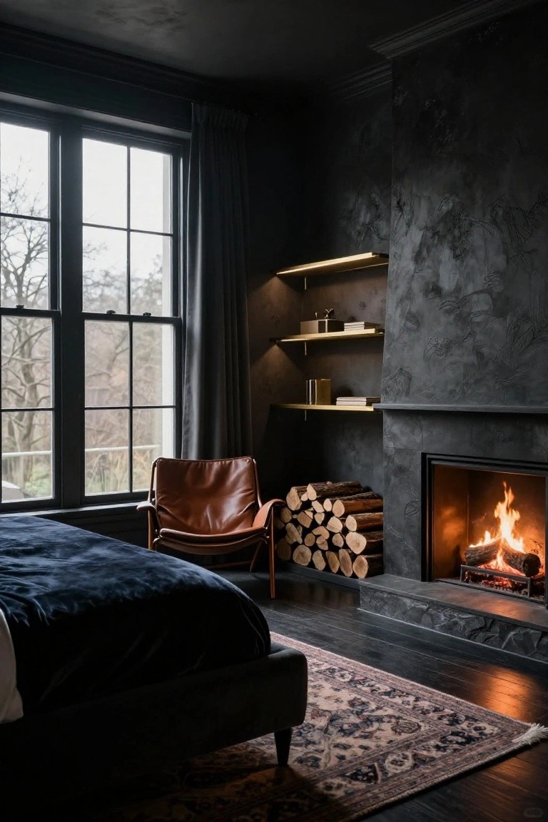 Dark moody bedroom interior with textured charcoal walls, lit corner fireplace with stacked firewood beside it, tan leather armchair, navy velvet bed on dark floors, Persian rug, gold shelves, and large window showing bare trees outside.
