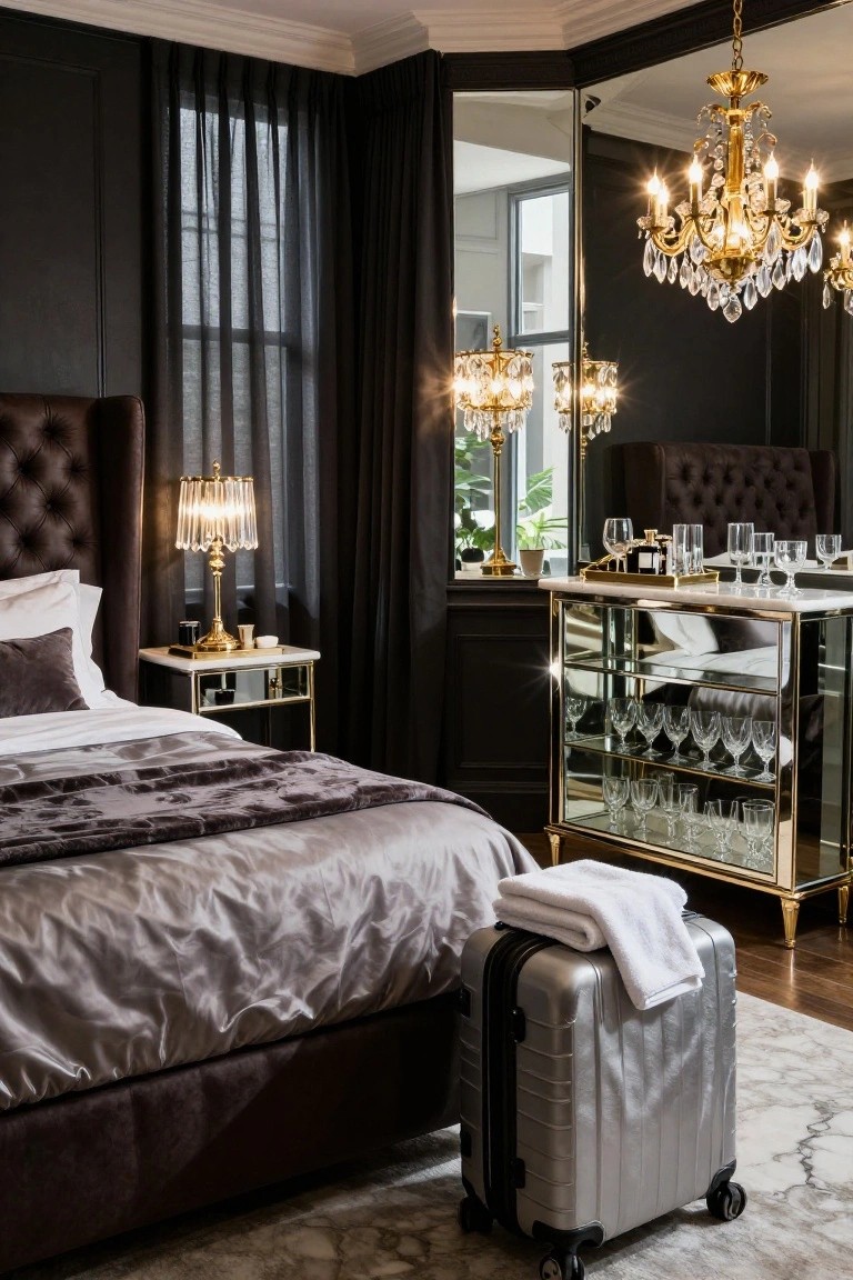 Luxury bedroom with dark paneled walls, tufted upholstered bed in gray bedding, gold-accented lamps and side tables, crystal chandelier, mirrored bar cart with glassware, and silver suitcase on a light rug.