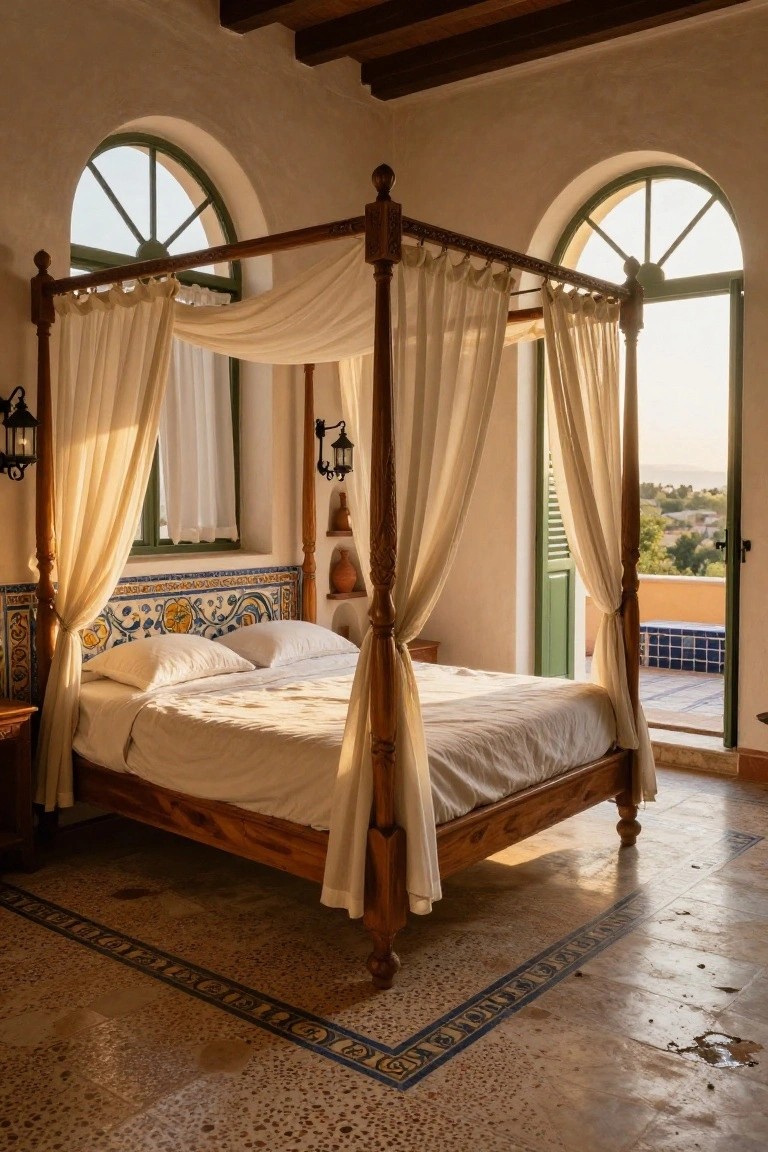 Bedroom interior with wooden four-poster bed draped in sheer white fabric, blue and yellow tiled headboard, arched green-shuttered windows, wall lanterns, and open balcony doors to tiled terrace and hillside view.