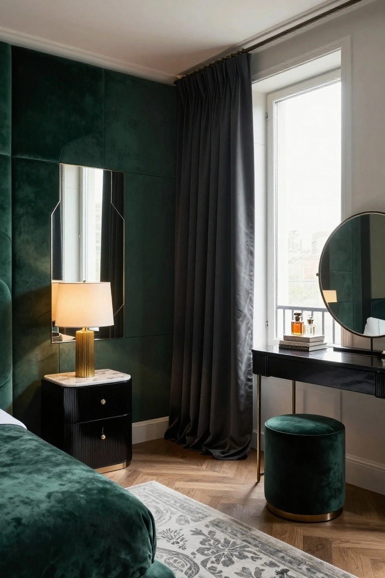 Corner of a luxury bedroom with emerald green velvet tufted wall panels, matching green upholstered bed and stool, black curved nightstand and vanity table with round mirror, gold lamp on marble side table, and gray curtains over a window.