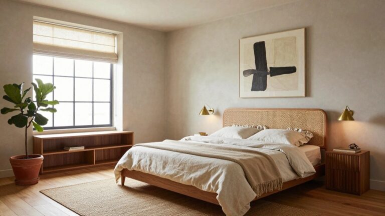 A sunlit bedroom with a low oak platform bed featuring a rattan-wrapped headboard, white linen sheets and pillows, a nightstand with books, a large fiddle leaf fig plant in a terracotta pot by a window with shades, abstract black and white art on the wall, gold pendant and sconce lights, and a jute rug on light wood floors.