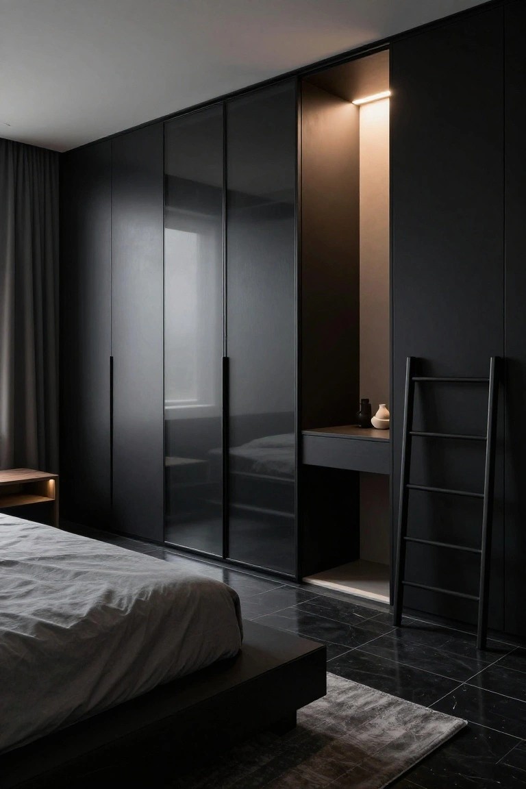 A modern bedroom with black floor-to-ceiling wardrobes, some with glass doors, an open section showing a built-in vanity desk and black ladder shelf, low platform bed with gray sheets, wood nightstand, and black tiled floor.