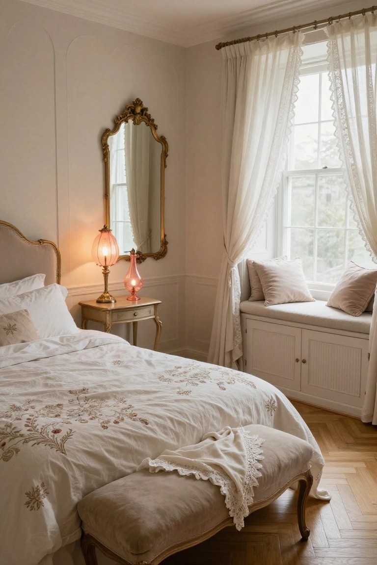 Bedroom interior with gilded antique bed frame and headboard, matching nightstand holding pink glass lamps and vase, ornate gold mirror on wall, lace-trimmed white curtains on window with built-in cushioned window seat, embroidered white duvet, and hardwood floors.