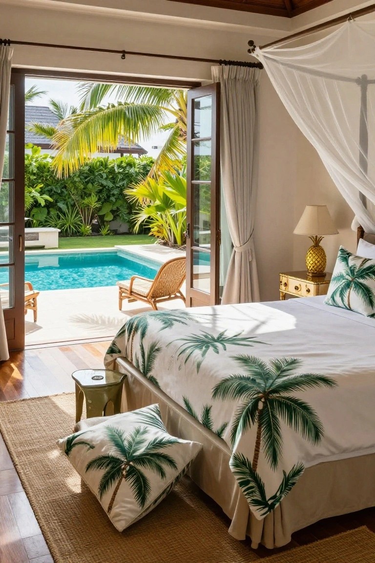 Luxury bedroom with white canopy bed covered in green palm leaf duvet and pillows, open wooden French doors to a blue pool and tropical garden, beige walls, rattan chairs, and gold pineapple lamp on nightstand.